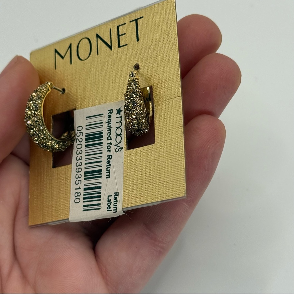 Monet Gold Tone Hoop Rhinestone Earrings NWT - Picture 3 of 8